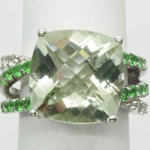 Fantasy Cushion CZ Green & White Sterling Silver Filigree Ring Size 5, Mint